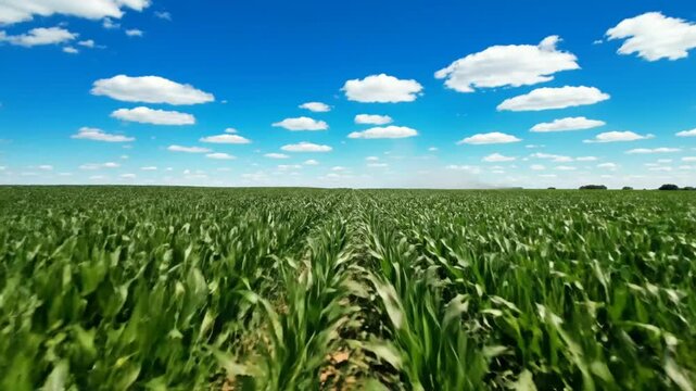 Lush green cornfield under a bright blue sky with fluffy white clouds, landscape view of nature