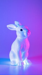 a fluffy white rabbit sitting alert on a wooden table, ears perked up and whiskers twitching softly