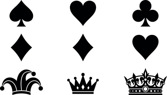 Playing Card Suit Icons Set Featuring Spade Heart Club Diamond Jester Hat and Royal Crown Vector Silhouettes Isolated on White Background for Casino Design
