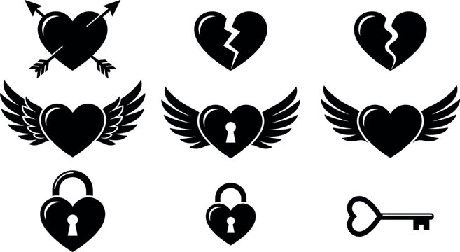 Black Heart Silhouette Vector Icon Set Featuring Winged Hearts Broken Hearts Padlock Key and Cupid Arrows Isolated on White Background for Valentine Design