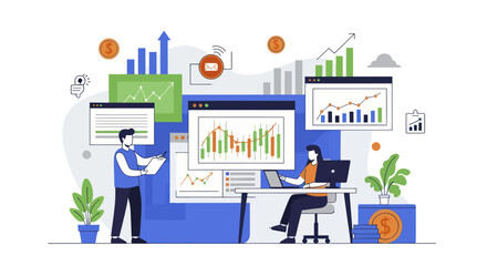 Business analytics and data visualization with people working on charts.