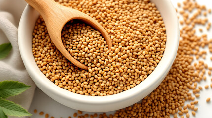 Fototapeta premium Buckwheat groats in a bowl with wooden spoon