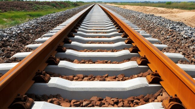 Parallel railway tracks stretch into the horizon with concrete sleepers