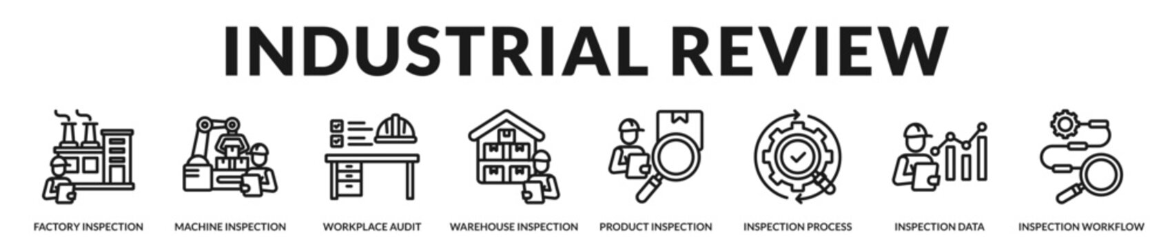 Industrial review banner representing operational inspections within manufacturing and production environments in Lineal Icon Style