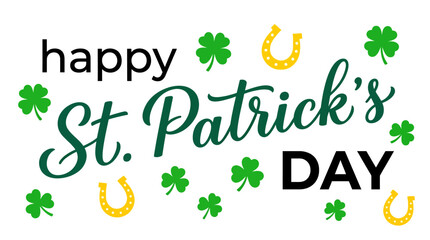 Fototapeta premium Happy St. Patrick's Day decorative typography in green script with shamrocks and golden horseshoes for a festive Irish celebration