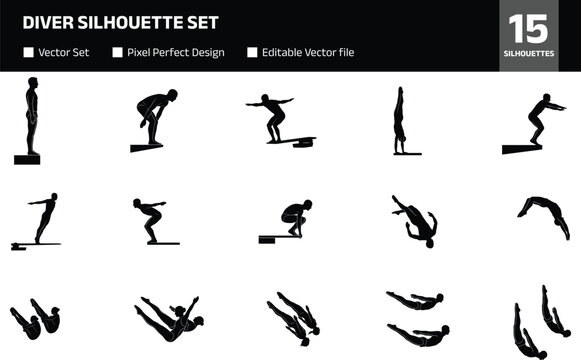 Diver silhouette set with diverse competition actions featuring springboard starts synchronized diving and acrobatic mid-air tucks for swimming and aquatic sport design