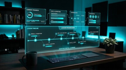 Fototapeta premium Adaptive digital learning interface projects course progression, algorithms, and achievements as a futuristic holographic display on a modern desk, showcasing online education technology.