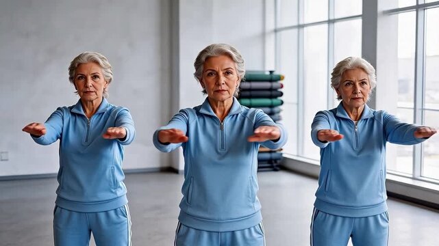 Three senior women practicing mindful movement or tai chi in a bright studio, wearing matching blue tracksuits &mdash; healthy aging, wellness, and active retirement concept.