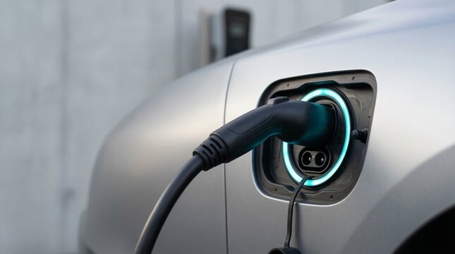 Electric car charging process shows sustainable energy future. Vehicle plugged into charger with glowing port, highlighting modern green transportation.