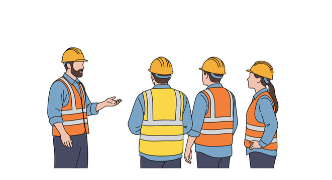 Supervisor conducting safety toolbox talk meeting with industrial workers