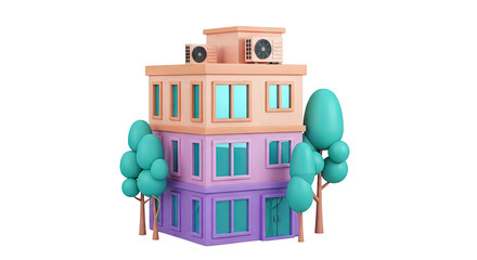 Obraz premium 3D Rendered Cartoon Building with Trees and Air Conditioners