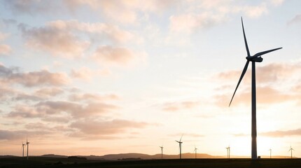Obraz premium Wind turbine farm silhouetted at sunset. Features large renewable energy turbines against a golden hour sky with soft clouds and rolling hills. Scenic landscape photography for sustainability projects