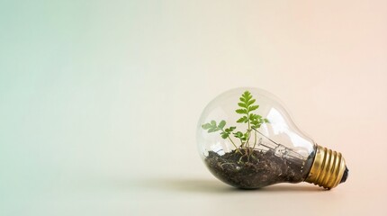 Green plant growing inside a glass light bulb with soil. Conceptual image representing sustainable energy, ecological innovation, and environmental conservation