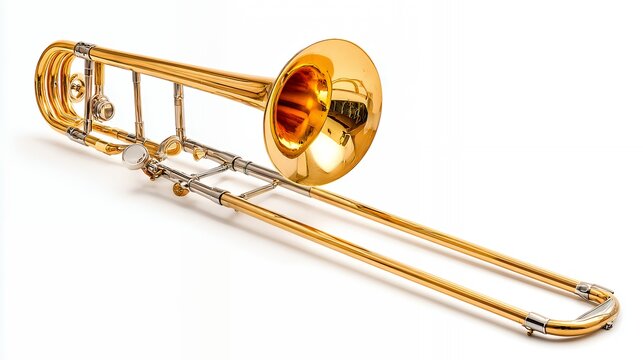 Shiny gold trombone with slide extended on white background
