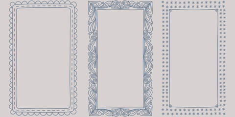 Collection of three distinct vertical vector border frames, featuring intricate scalloped, swirl, and star patterns for elegant graphic design and embellishment