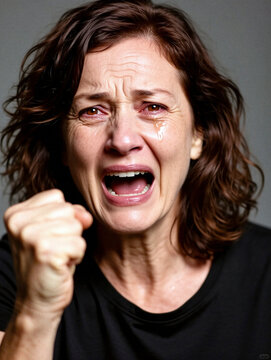 Photorealistic extreme close-up of a 46-year-old woman in a black tank top, screaming, fist raised, tense neck, furrowed brow, tears and sweat, harsh top light, raw brutal emotional energy.