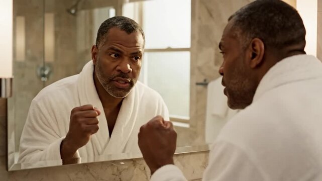 Man in bathrobe scolds himself in the mirror with a stern expression