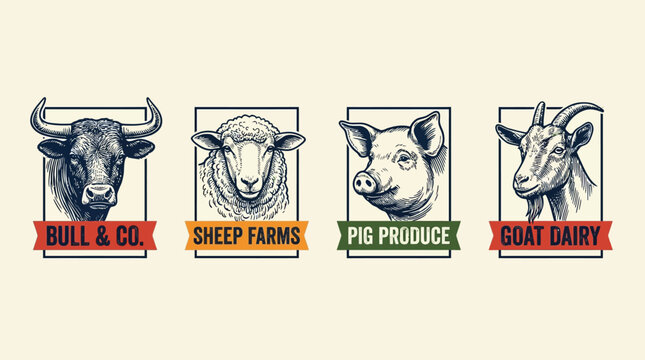Vintage engraving farm animal logo badges with bull sheep pig and goat