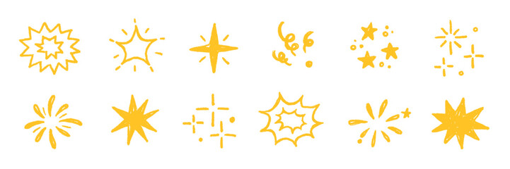 Star gold sticker icon collage set. Star icon sketch hand drawn line brush crayon texture vintage background. Cute kid magic twinkle sparkle, glow moon, space figure. Vector illustration © Polina Tomtosova