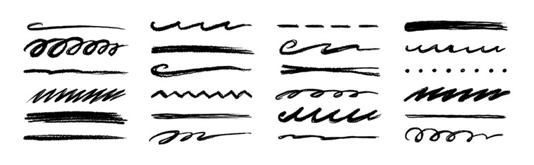 Plakat Hand drawn underline brush pencil set. Underline crayon brush pencil hand drawn stroke sketch chalk texture pen. Thin thick squiggle divider bar, highlight mark scribble texture. Vector illustration