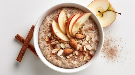 Fototapeta premium Warm oatmeal bowl with sliced apples, almonds, and cinnamon on white surface