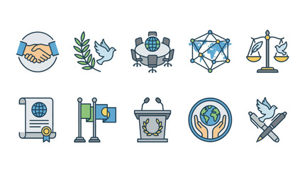 International Diplomacy Cooperation Line Icon Set Global Politics Concept