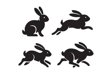 Four black silhouettes of rabbits in various running poses © Sujit123