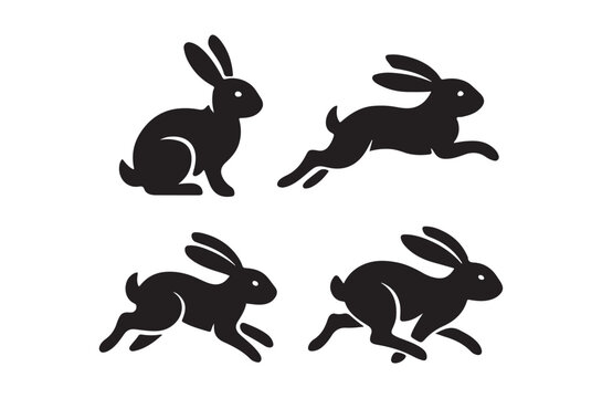 Four black silhouettes of rabbits in various running poses