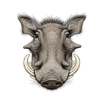 Detailed warthog head portrait with prominent tusks on a white background
