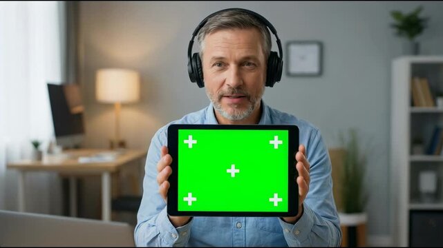 Man Holding Green Screen Tablet with Headphones