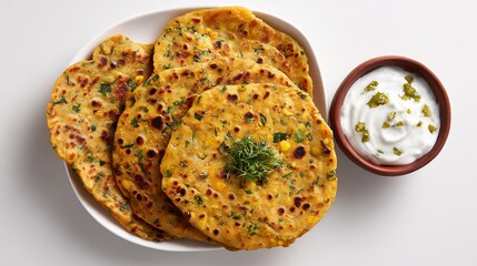 Golden Indian Thepla with Yogurt Dip, Delicious Flatbread, Culinary Tradition, Top-Down View