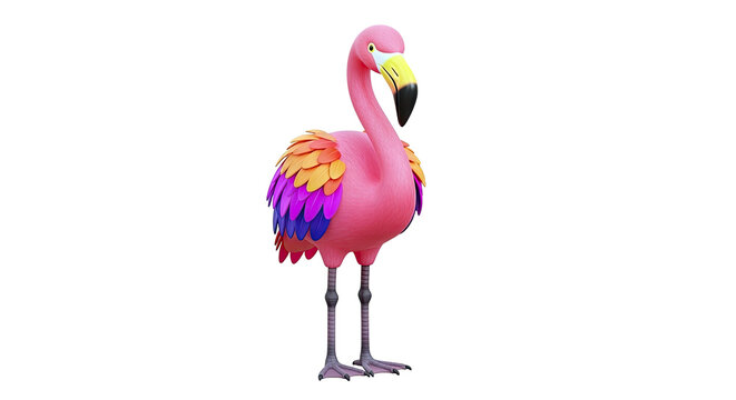 Cartoon Pink Flamingo with Colorful Feathers