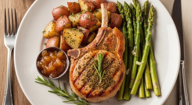 A beautifully plated pork chop dinner features a grilled pork chop, roasted baby potatoes, and blanched asparagus spears. A small ramekin of chutney sits alongside the plate.