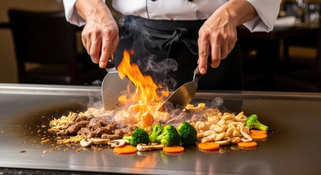 A chef skillfully prepares a teppanyaki meal.