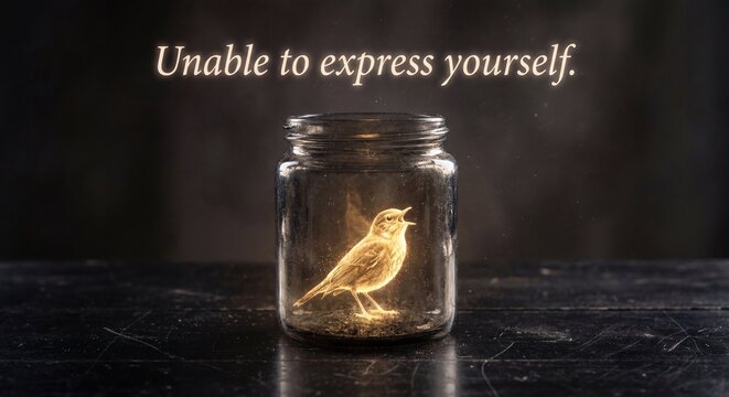 A glowing golden bird singing silently while trapped inside a dark glass jar, featuring a quote about the inability to express emotions due to trauma.