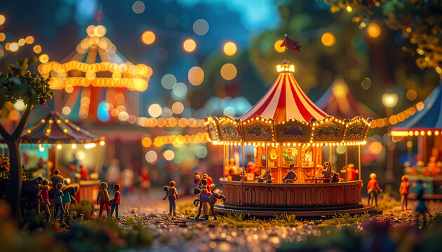 Colorful carnival scene at dusk with carousel and festive lights