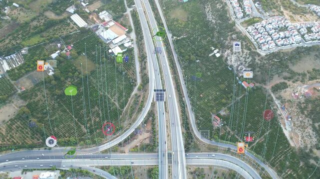 Aerial Highway Interchange With Analytics, Overhead Cloverleaf Junction With Map Markers, Sensor Overlays,