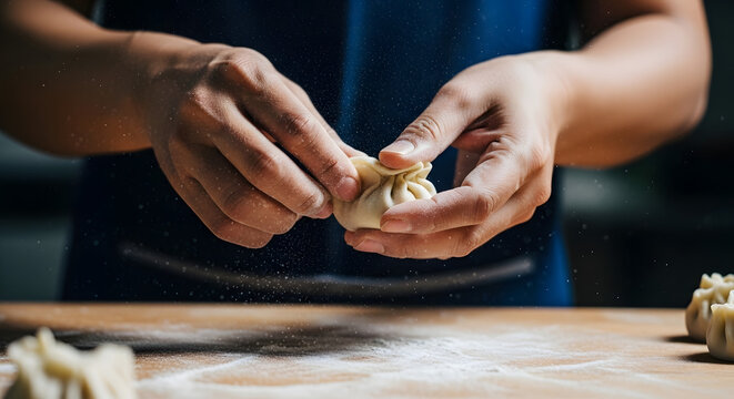Hands shaping raw dumpling dough.
