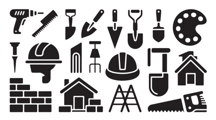 Obraz premium Building and home improvement equipment silhouette collection featuring tools and safety gear