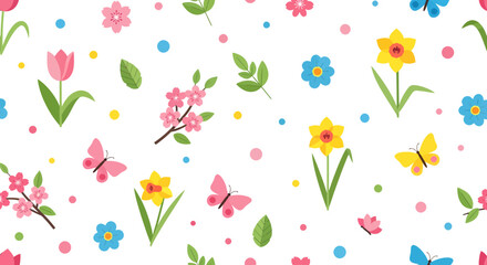 Vibrant seamless spring pattern with cheerful blooming flowers, graceful butterflies, and colorful dots, conveying the refreshing joy of the season
