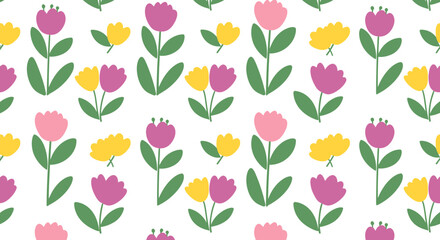 Charming Spring Floral Pattern with Stylized Tulips A delightful seamless illustration ideal for textile, decor, and digital designs