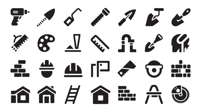 Construction and renovation tool icons with masonry equipment building supplies and hardware