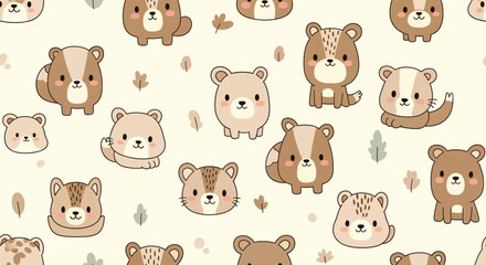 Obraz premium Seamless cute cartoon animal pattern with funny animals including dog cat bear lion rabbit cow horse pig sheep elephant and tiger vector illustration set