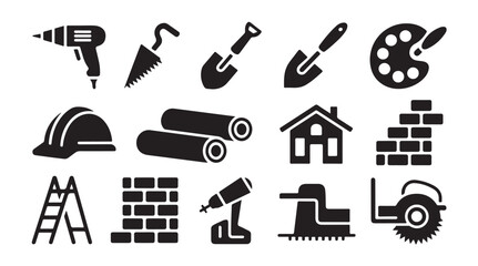 Building and construction work icons set including drill shovel bricks and ladder © MDABDUR