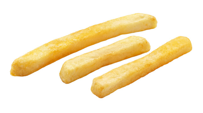 Three perfectly golden-brown french fries, deep-fried to a crispy perfection, presented as a delicious, classic fast.