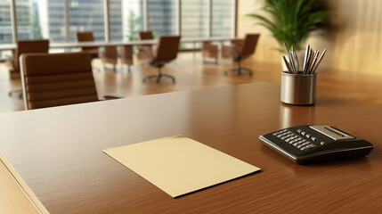 Fototapeta premium Office desk with paper, calculator, pen holder, modern workspace, city view, and natural light