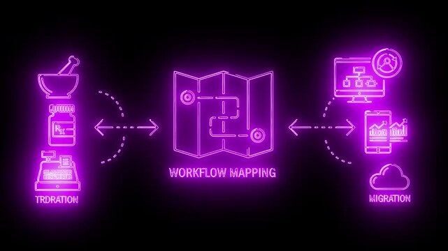 Neon-lit workflow mapping process with integration, transformation, and migration icons on a black background