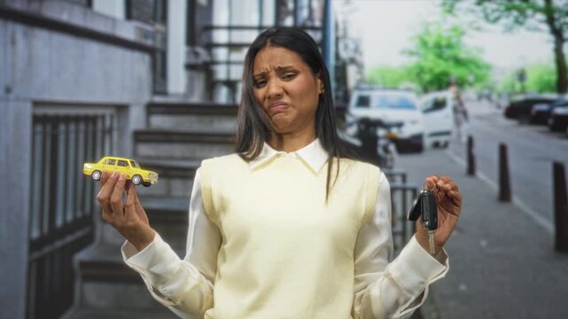 Woman holding yellow toy car in one hand and car keys in the other, grimacing on a street by a building; frustration decision dilemma.