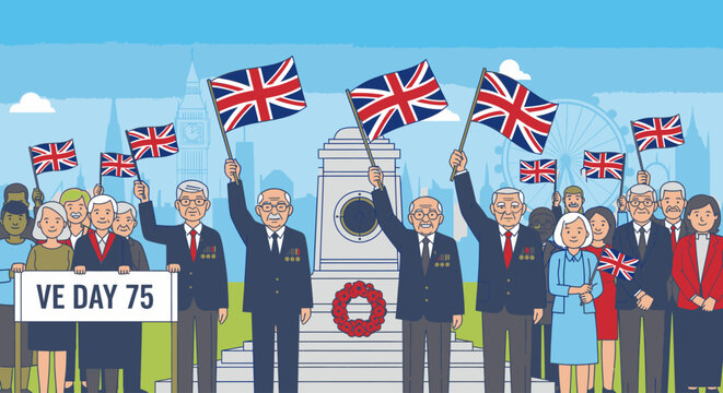 Illustration of a diverse crowd celebrating VE Day 75 with British flags and a war memorial in the background on a sunny day.