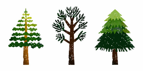 Three stylized evergreen trees with varying shades of green foliage © Piku